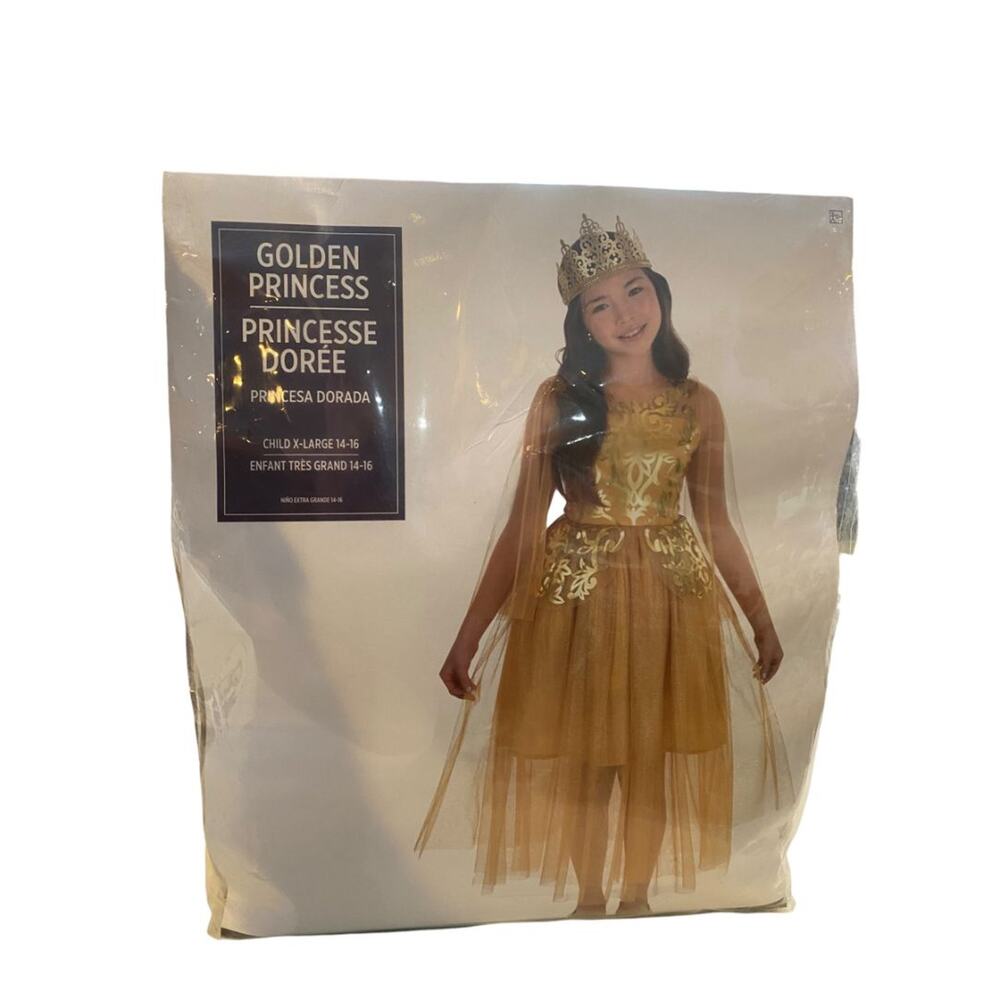 Size XL (14/16) Golden Princess Costume‎ #1215 Amscan Dress Sheer Sleeves Crown